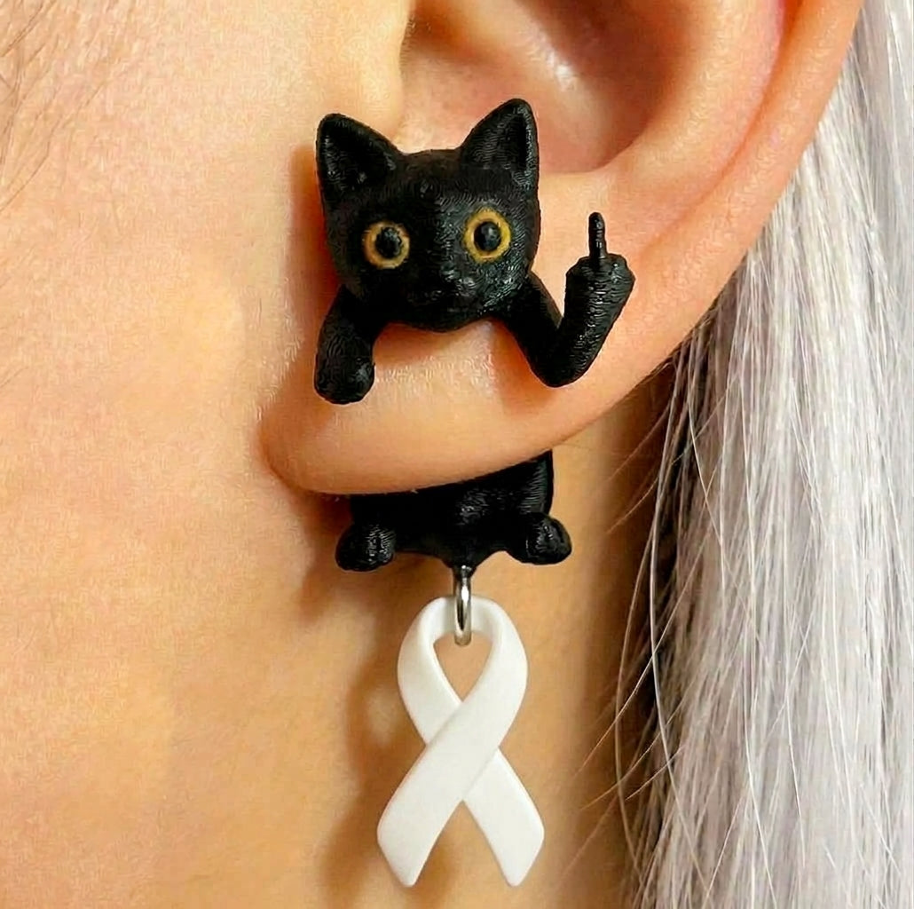 Fuck Cancer Awareness Black Cat Middle Finger Earring