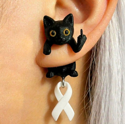 Fuck Cancer Awareness Black Cat Middle Finger Earring