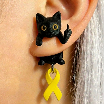 Fuck Cancer Awareness Black Cat Middle Finger Earring