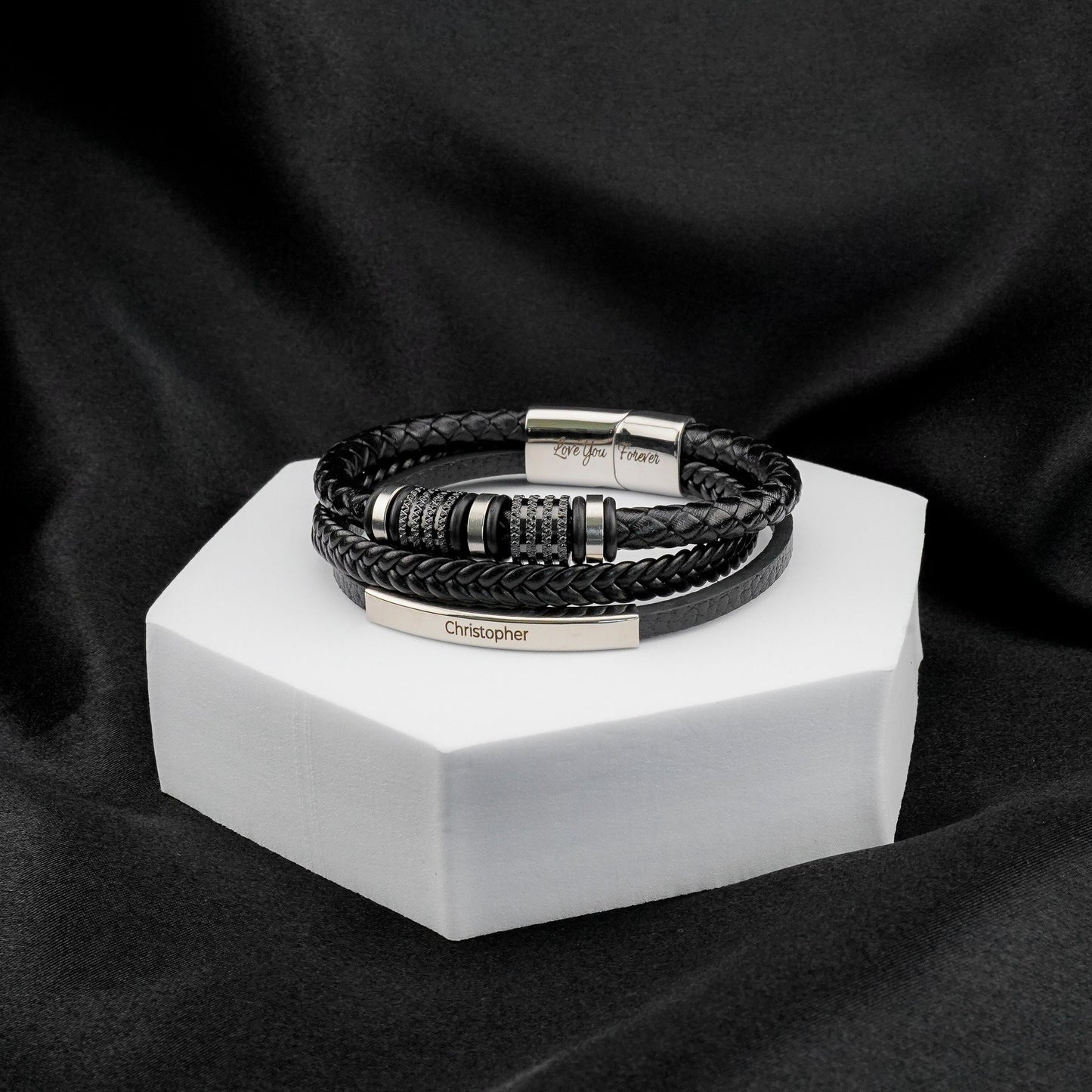 Son's Forever Connected Leather Bracelet Gift Set with Engraved Name
