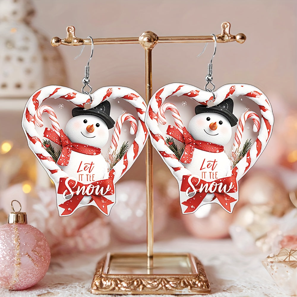Christmas Large Heart-Shaped Snowman & Candy Cane Dangle Earrings