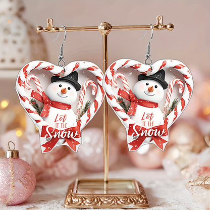 Christmas Large Heart-Shaped Snowman & Candy Cane Dangle Earrings