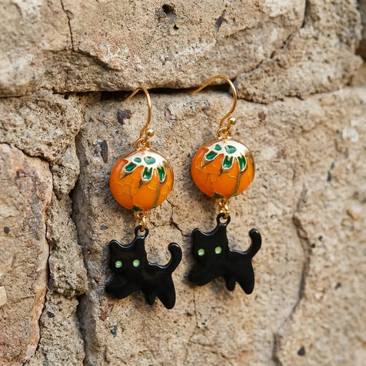 Vintage Pumpkin Black Cat Hook Drop Earrings