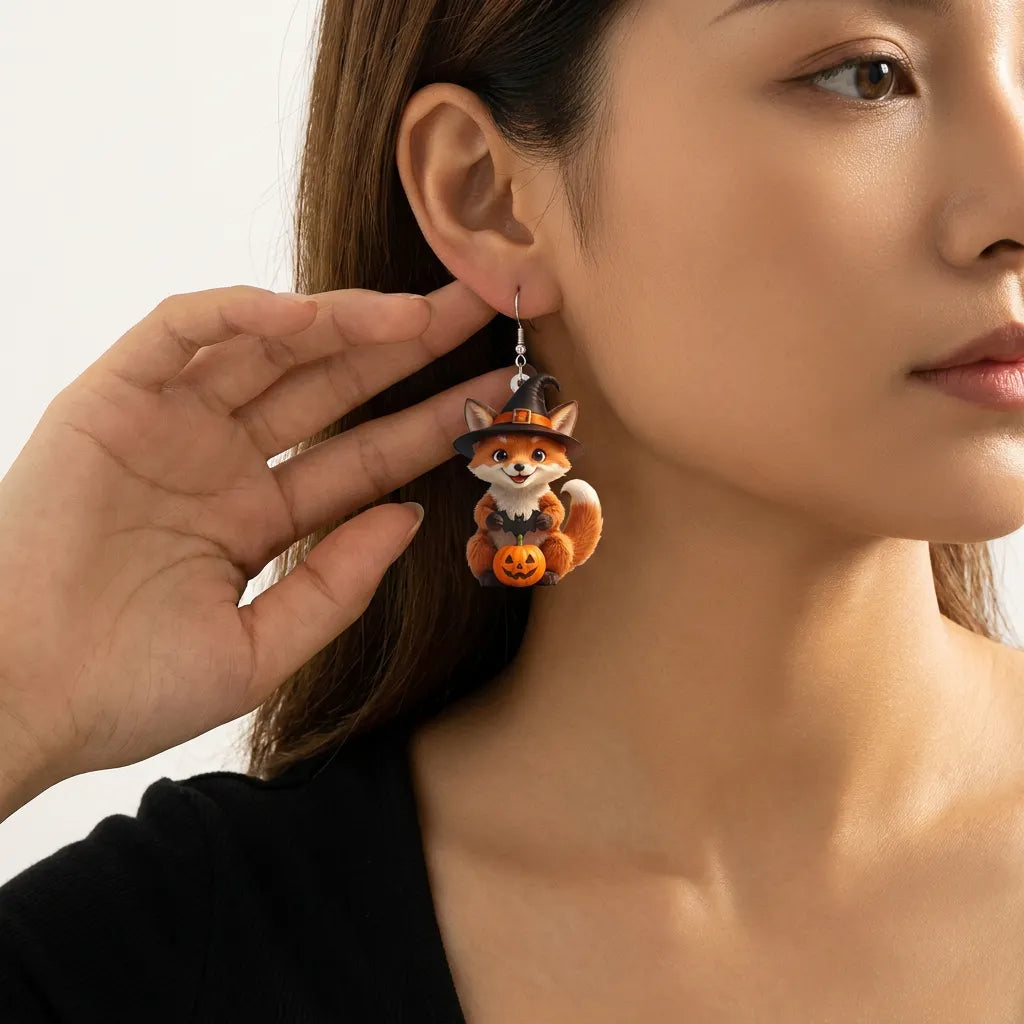 Cartoon Red Fox Holding Bat And Jack O Lantern Halloween Earrings