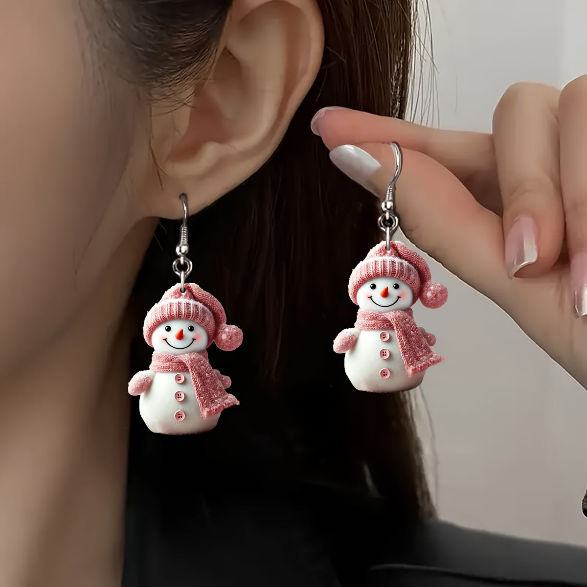 Elegant Pink AcrylicChristmas Snowman Earrings