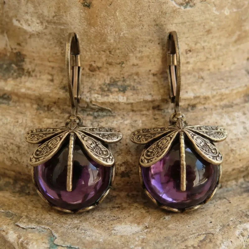 Spherical Dragonfly Earrings in Antique Gold