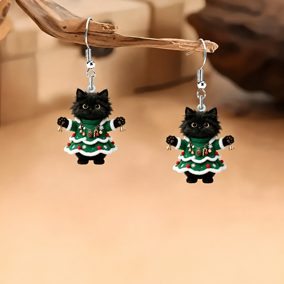 Christmas Black Cat Dangle Earrings