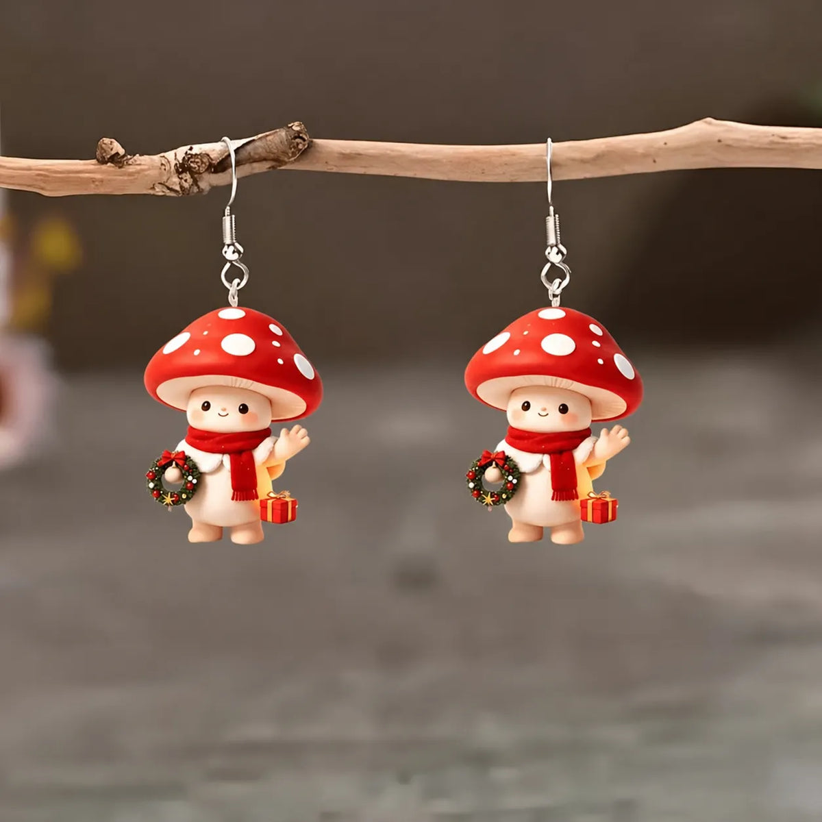 Christmas Mushroom Character Dangle Earrings