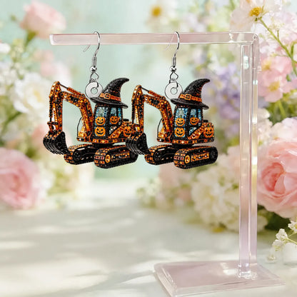 Rhinestone Excavator Witch Hat Pumpkin Construction Halloween Earrings