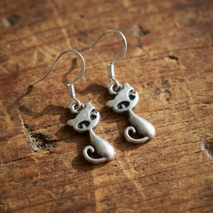 Vintage Tiny Cat Statement Dangle Hoop Earrings