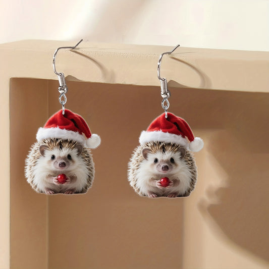 Christmas Porcupine Earrings with Red & White Santa Hat