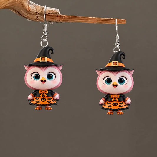 Pink Owl Witch Hat Bat Pumpkin Print Dress  Halloween Acrylic Earrings