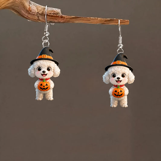 White Poodle Puppy Witch Hat Holding Jack O Lantern Cute Halloween Earrings