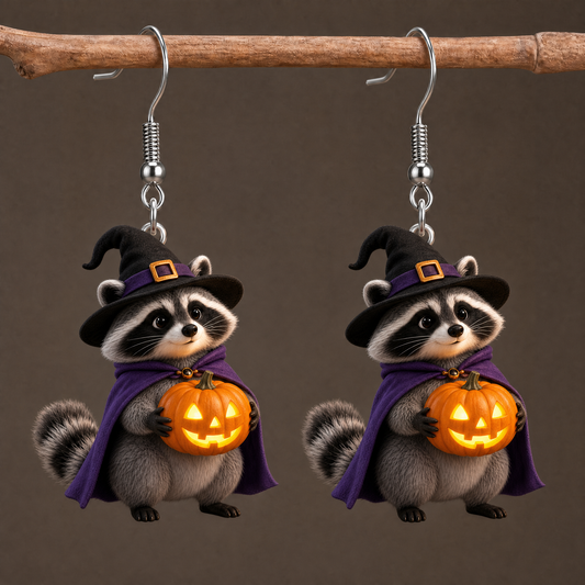 Witch Raccoon Holding Pumpkin Halloween Earrings