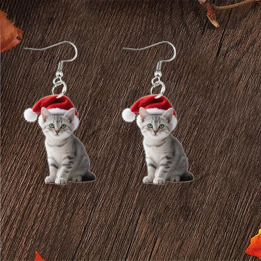Christmas British Shorthair Silver Tabby Cat Earrings