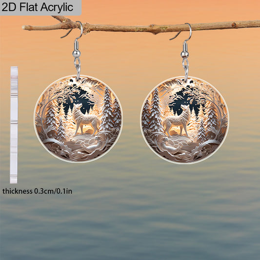 Charming White Wolf & Forest Christmas Tree Embossed Effect Pattern Acrylic Earrings