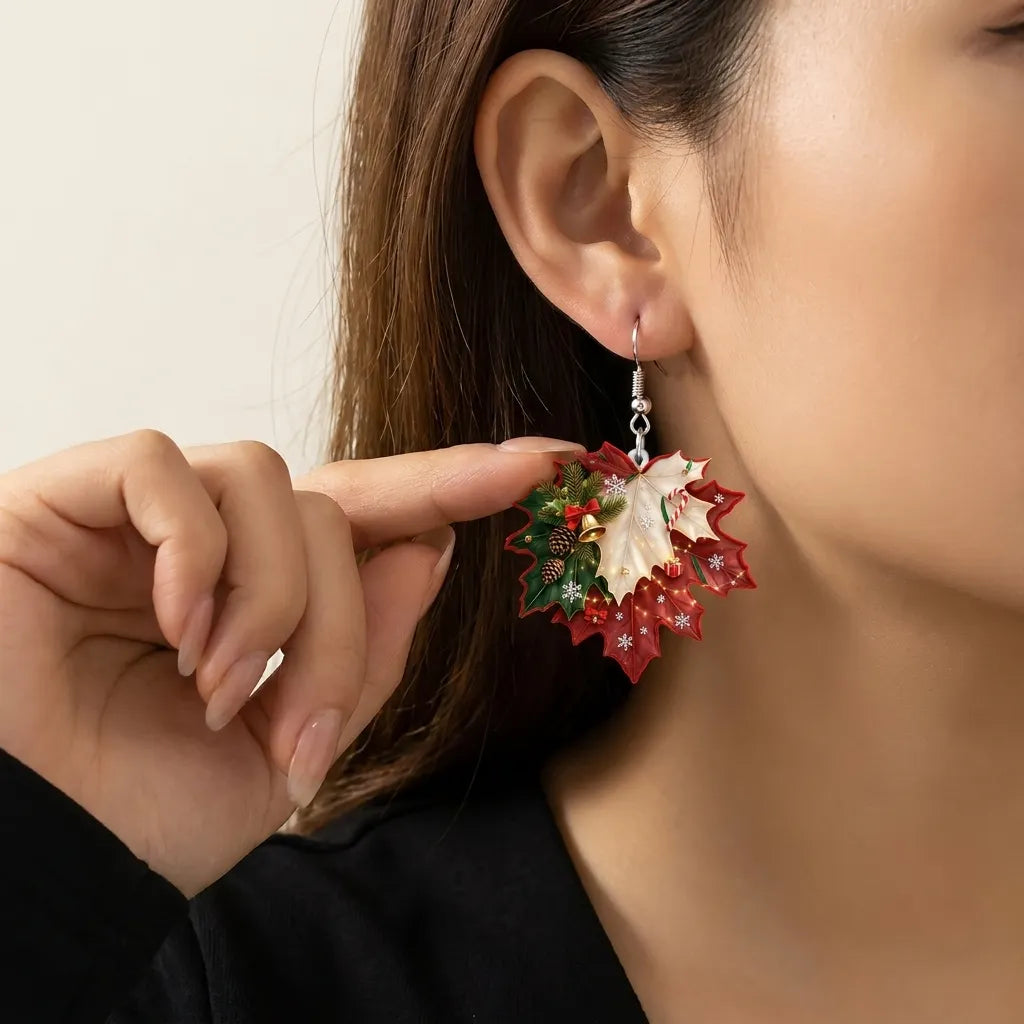 Christmas Maple Leaf Festive Dangle Earrings