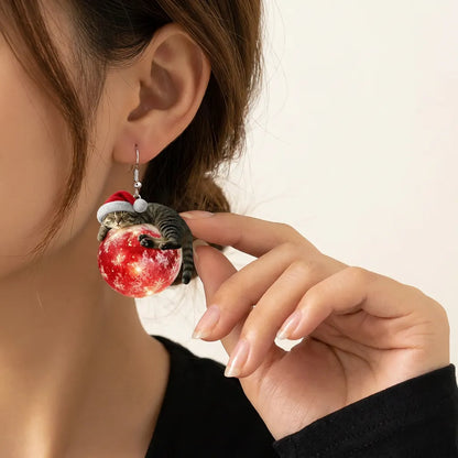 Sleepy Cat On Christmas Bauble Dangle Earrings