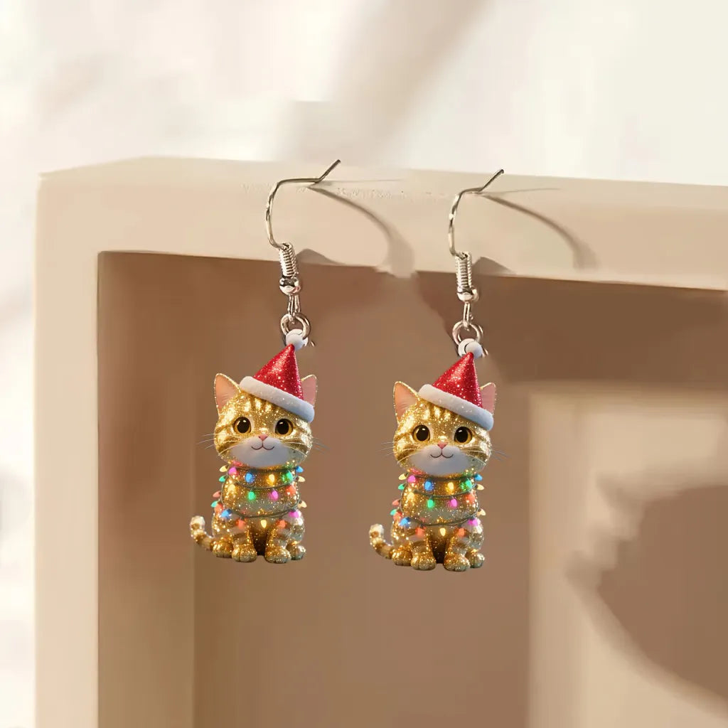 Christmas Kitten Earrings with Santa Hats & Rainbow Accents