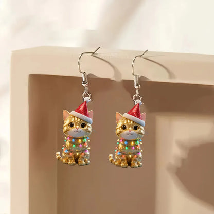 Christmas Kitten Earrings with Santa Hats & Rainbow Accents