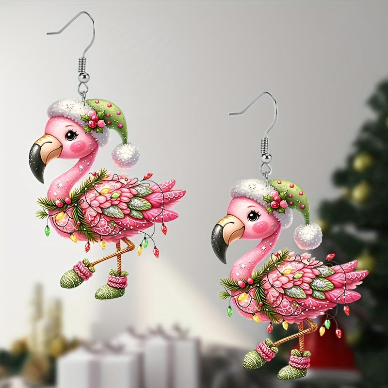 Christmas Watercolor Flamingo Acrylic Earrings