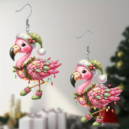 Christmas Watercolor Flamingo Acrylic Earrings