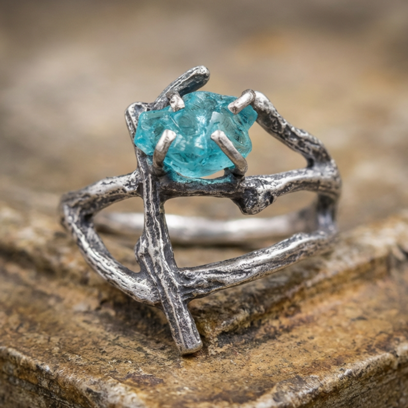 Sterling Silver Raw Gemstone Uncut Twig Ring