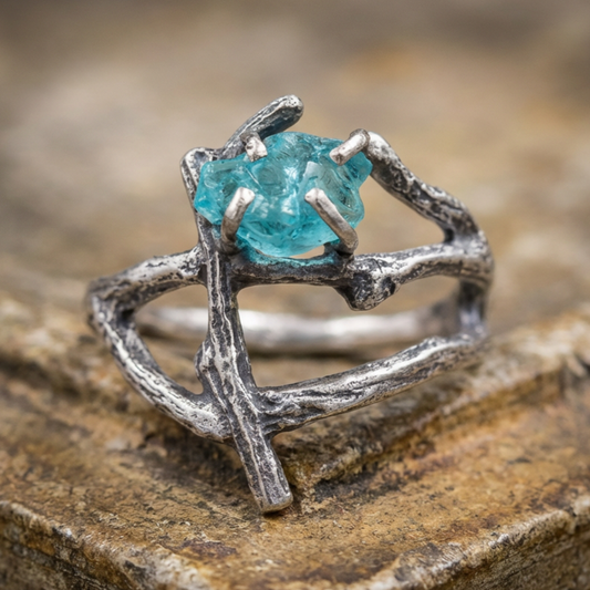 Sterling Silver Raw Gemstone Uncut Twig Ring