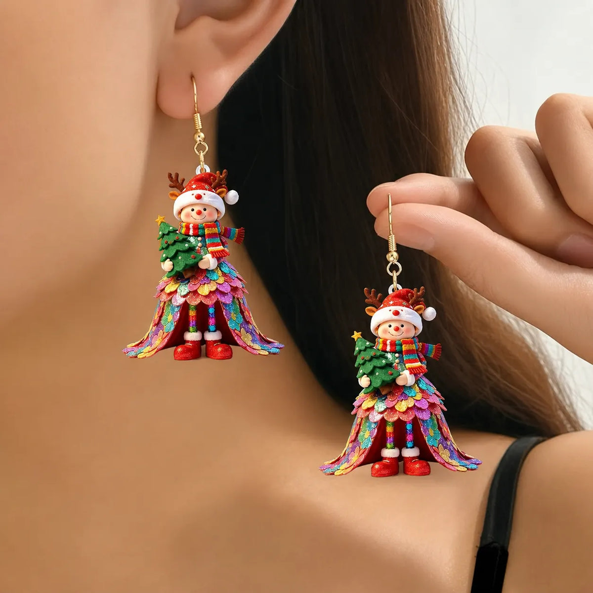 Snowman Reindeer Colorful Sequin Skirt Dangle Earrings