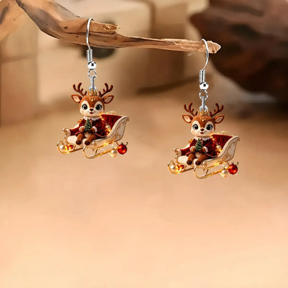 Crown Reindeer On Christmas Sleigh Dangle Earrings