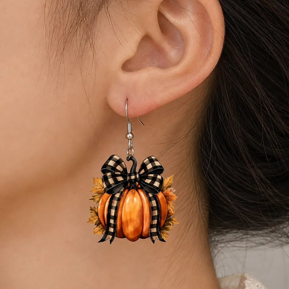 Vintage Plaid Bow Pumpkin Drop Earrings
