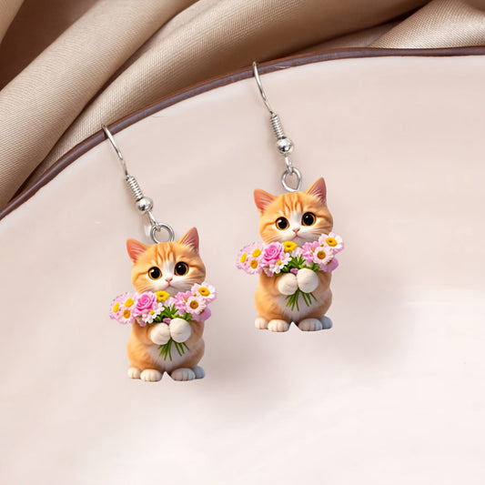 Christmas Cute Cat Design Acrylic Earrings with Bouquet of Fresh Flowers