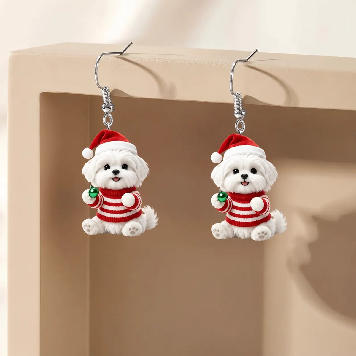 Christmas Striped Puppy Dangle Earrings