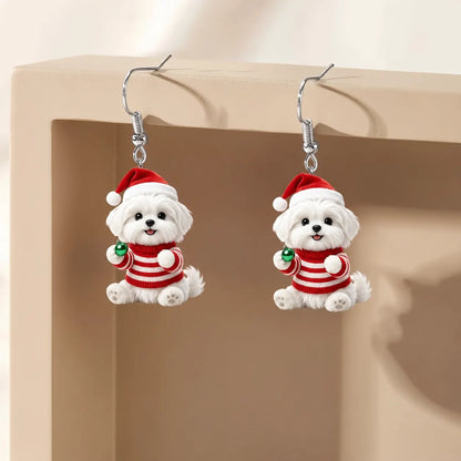 Christmas Striped Puppy Dangle Earrings