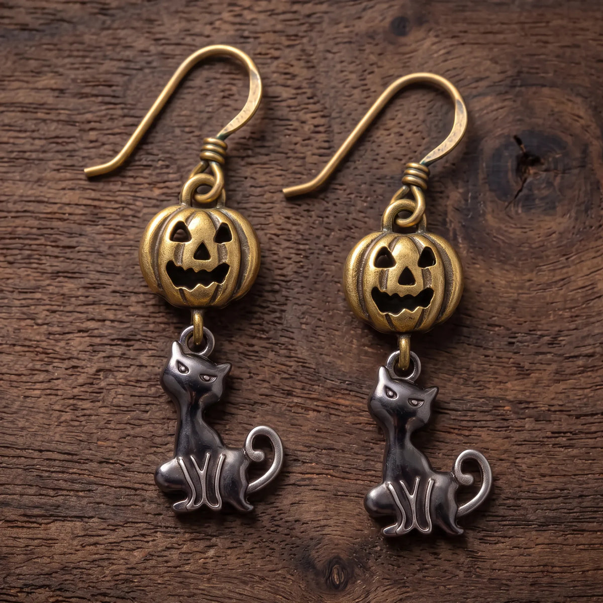 Vintage Pumpkin Black Cat Dangle Earrings