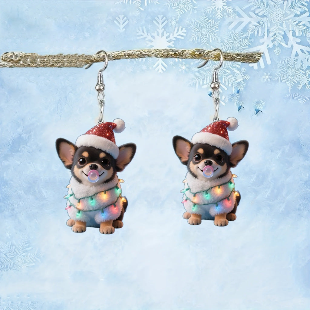 Christmas Cute Chihuahua Dog Earringswith Santa Hat & Twinkling-like -like Design
