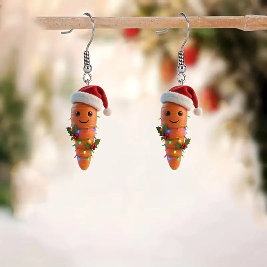Unique Carrot with Christmas Hat Pattern Earrings
