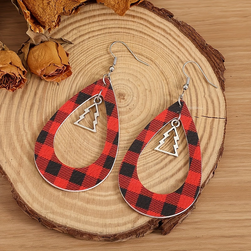 Christmas Tree Hollow Red Plaid Earrings