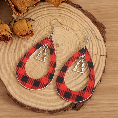 Christmas Tree Hollow Red Plaid Earrings