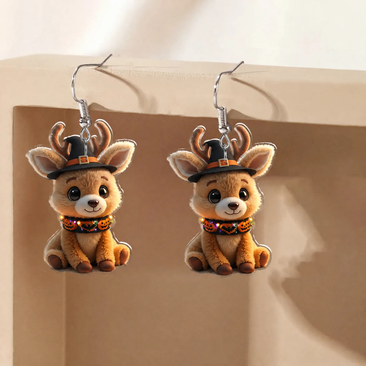 Fluffy Deer Witch Hat Halloween Light Pumpkin Collar Acrylic Earrings
