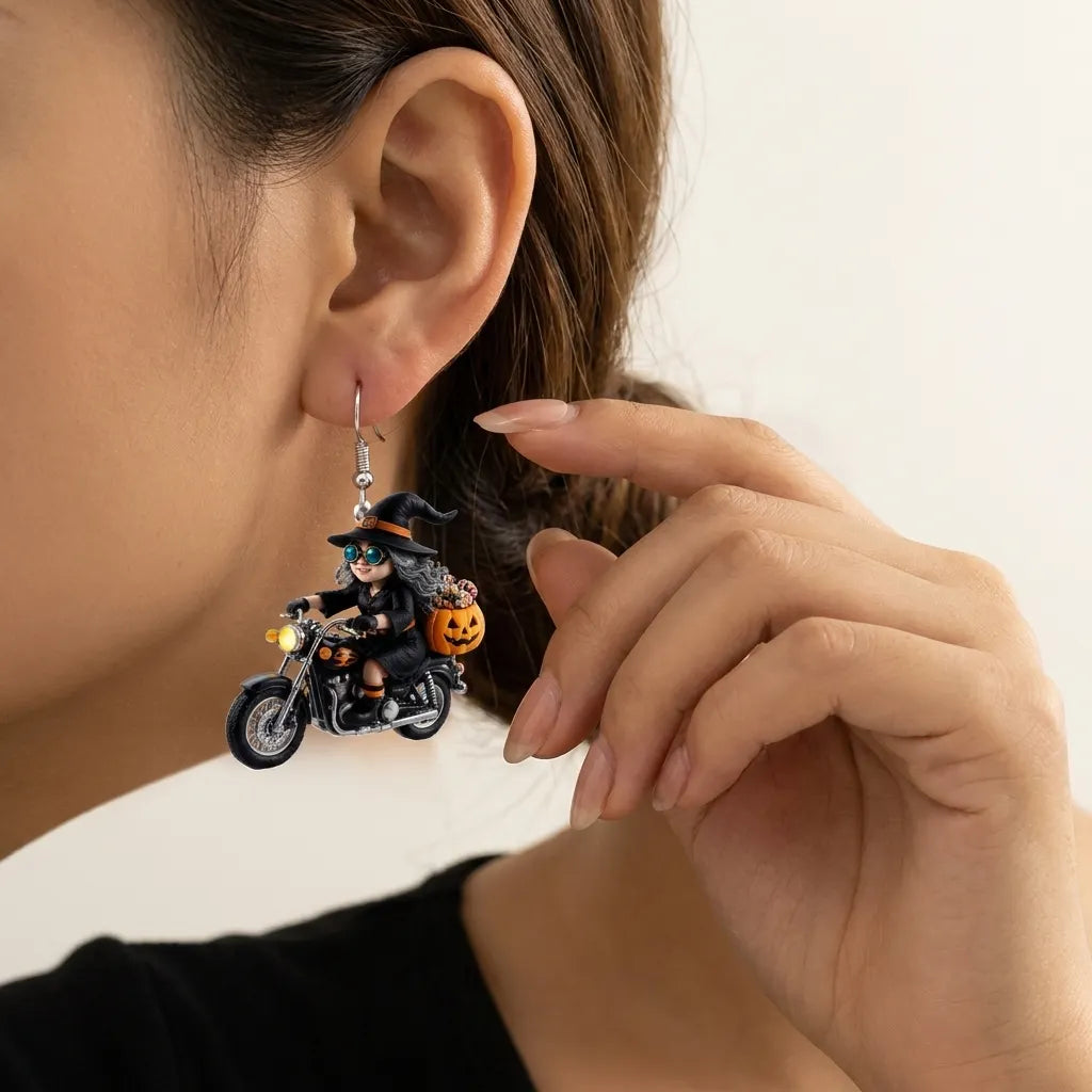 Halloween Biker Witch Motorcycle Dangle Earrings