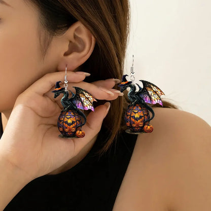 Witch Black Dragon Stained Glass Pumpkin Lantern Halloween Earrings