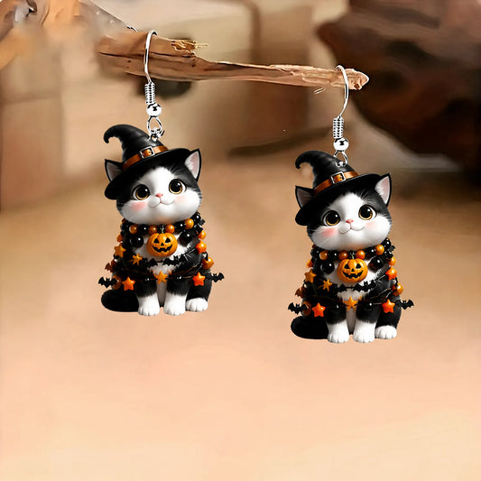 Tuxedo Cat Witch Hat Pumpkin Star Bat Beaded Garland Halloween Earrings