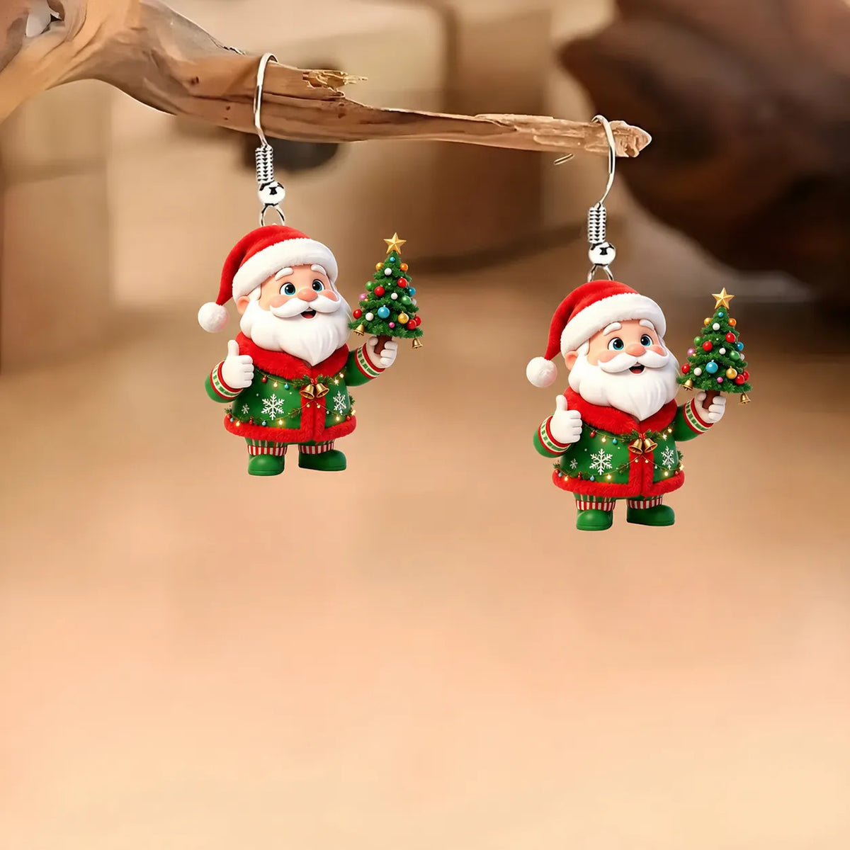 Santa Claus Holding Mini Christmas Tree Dangle Earrings
