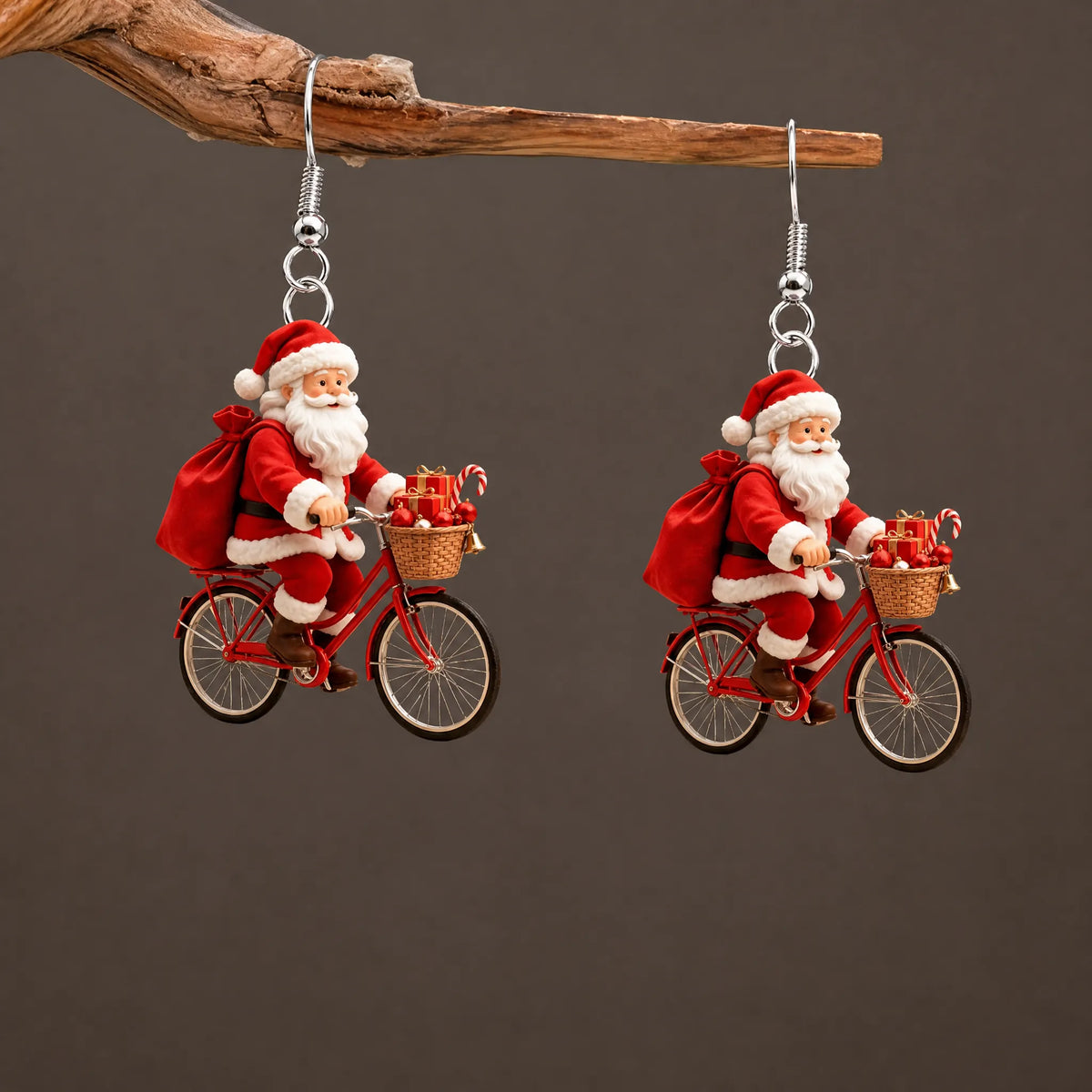 Santa Riding Bicycle Christmas Dangle Earrings