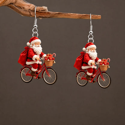 Santa Riding Bicycle Christmas Dangle Earrings
