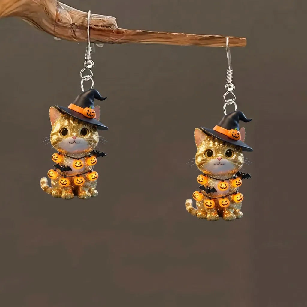 Glitter Golden Tabby Cat Witch Hat Pumpkin Bat Lights Halloween Earrings