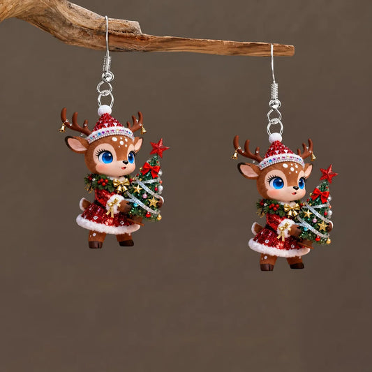 Christmas Reindeer With Xmas Tree Dangle Earrings