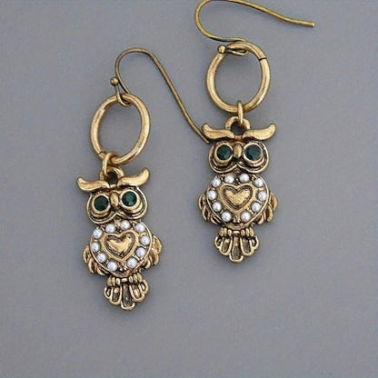 Vintage Antique Metal Carved Owl Pendant Earrings