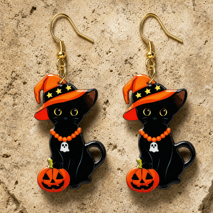 Vintage Halloween Black Cat Dangle Earrings